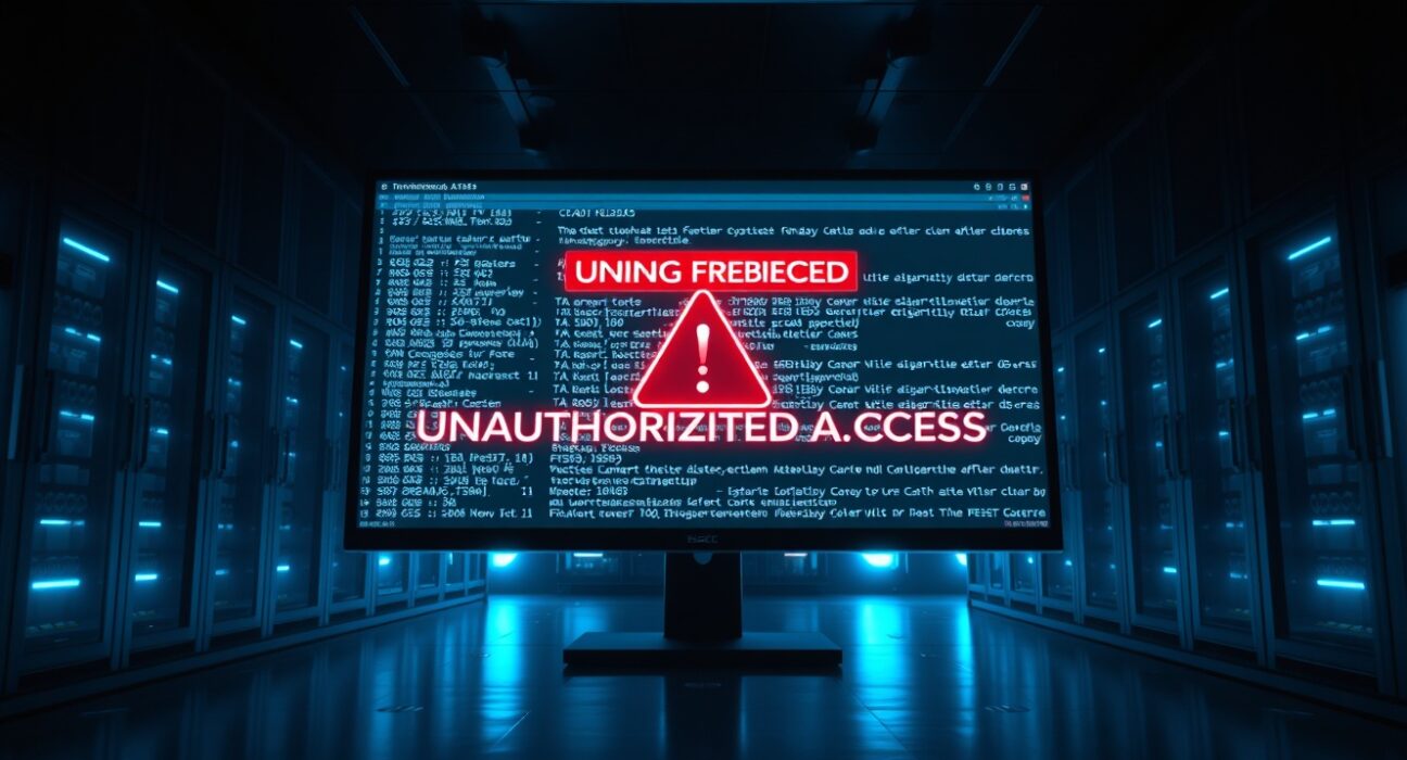 A dark server room with a monitor showing a blockchain transaction log and a warning symbol, representing the Polymarket exploit.