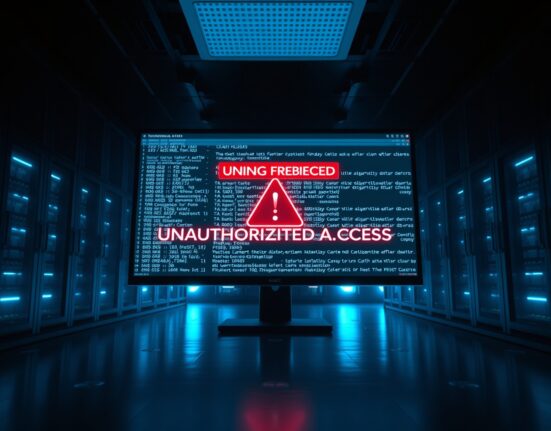 A dark server room with a monitor showing a blockchain transaction log and a warning symbol, representing the Polymarket exploit.