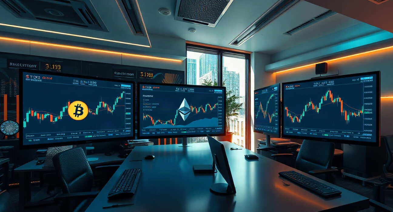 Trading desk with monitors showing Bitcoin, Ethereum, and Solana price charts in a modern office
