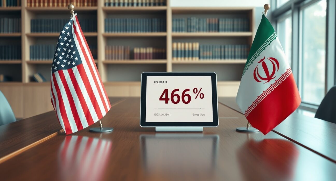 Polymarket data shows 46% odds for U.S.-Iran ceasefire on tablet between flags.