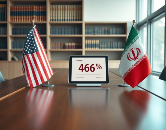 Polymarket data shows 46% odds for U.S.-Iran ceasefire on tablet between flags.