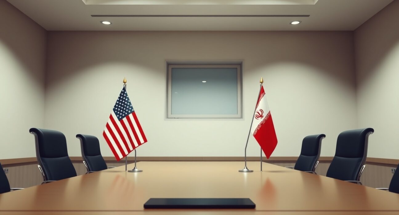 US and Iranian flags in a diplomatic meeting room setting representing potential ceasefire negotiations.
