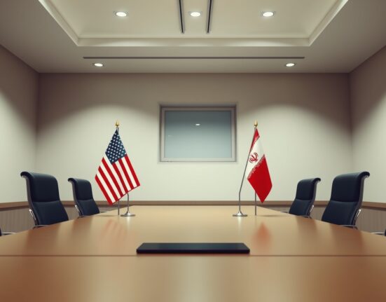 US and Iranian flags in a diplomatic meeting room setting representing potential ceasefire negotiations.