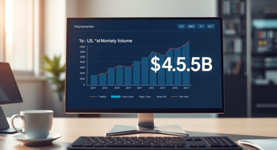 Digital dashboard showing Polymarket US trading volume reaching $4.5 billion in July.