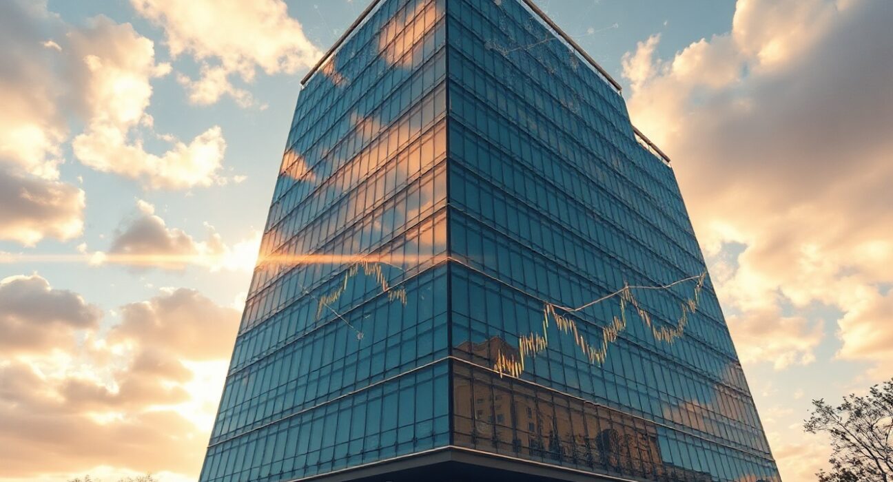 Regulatory building in Washington, D.C., with digital blockchain overlay representing crypto regulation