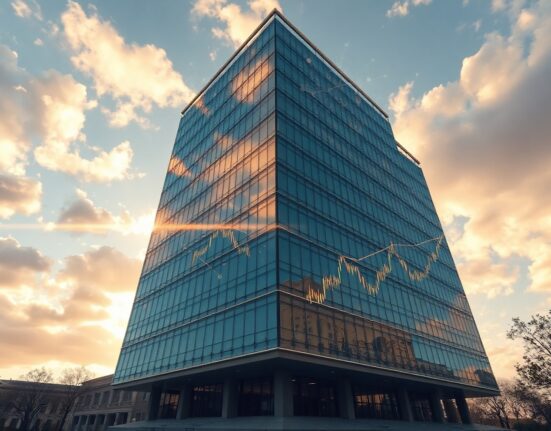 Regulatory building in Washington, D.C., with digital blockchain overlay representing crypto regulation