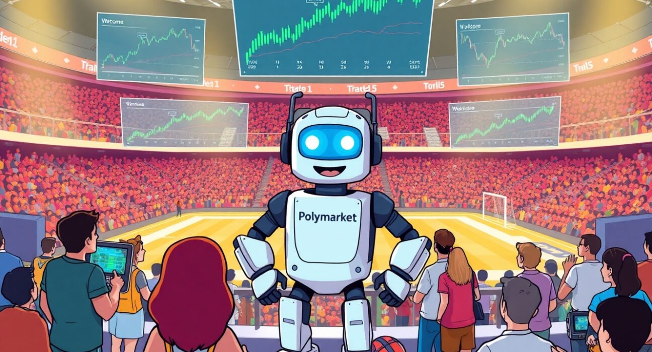 A cartoon illustration showing the exciting Polymarket U.S. re-entry into American prediction markets, especially for sports enthusiasts.