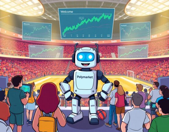 A cartoon illustration showing the exciting Polymarket U.S. re-entry into American prediction markets, especially for sports enthusiasts.