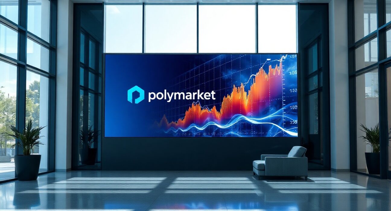 Polymarket digital display in a modern office lobby, symbolizing its U.S. market re-entry campaign.