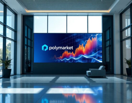 Polymarket digital display in a modern office lobby, symbolizing its U.S. market re-entry campaign.