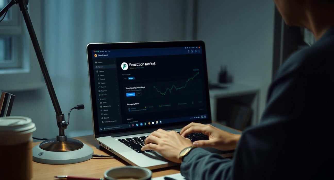 Person using VPN on laptop to access Polymarket prediction market platform