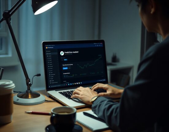 Person using VPN on laptop to access Polymarket prediction market platform