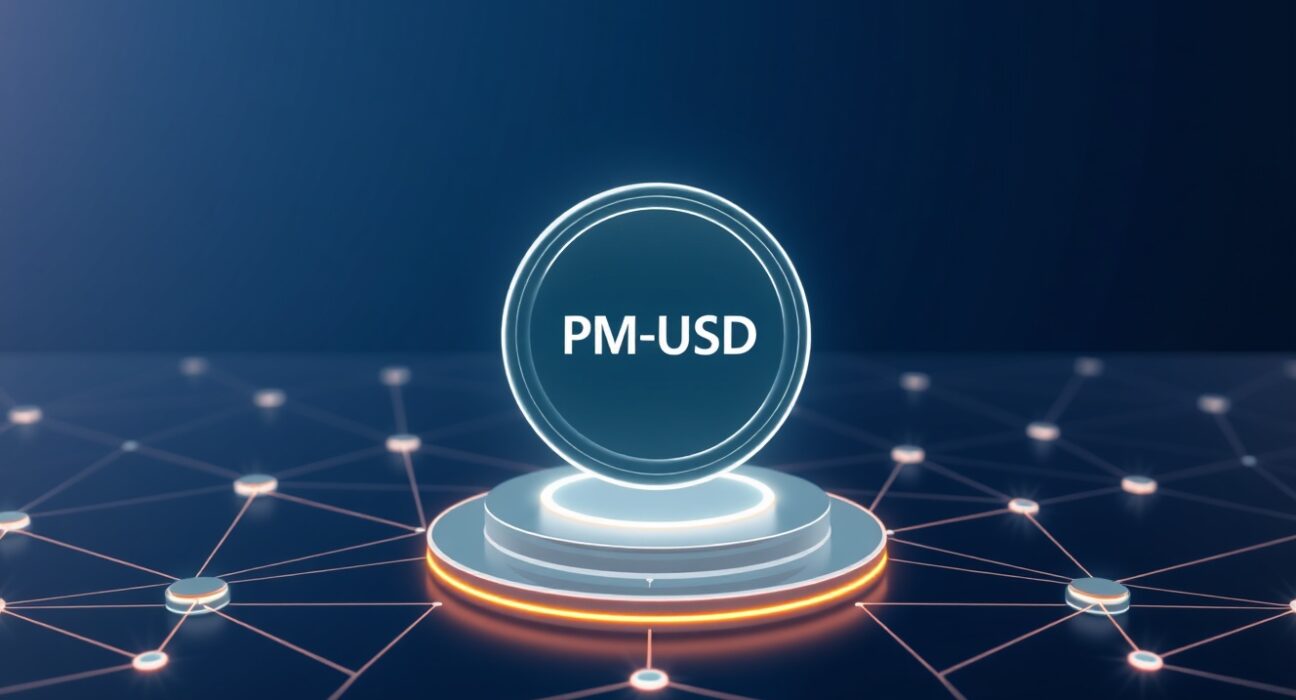 Visualization of the new Polymarket USD stablecoin token and its underlying blockchain infrastructure for prediction markets.