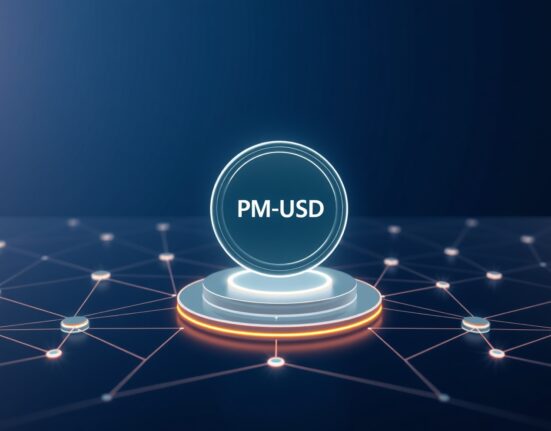 Visualization of the new Polymarket USD stablecoin token and its underlying blockchain infrastructure for prediction markets.
