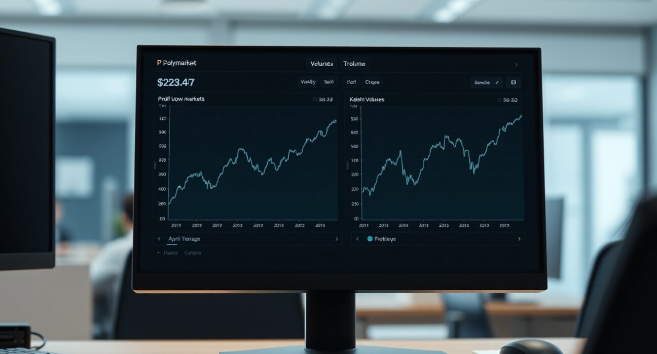 Digital trading dashboard showing Polymarket and Kalshi volume charts with contrasting trends for April 2025