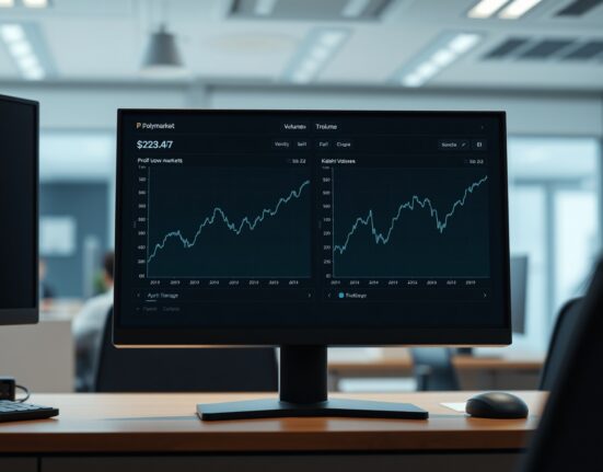 Digital trading dashboard showing Polymarket and Kalshi volume charts with contrasting trends for April 2025