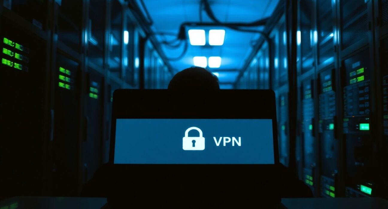 Server room with a person using a laptop showing VPN interface, representing digital enforcement