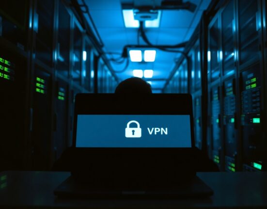 Server room with a person using a laptop showing VPN interface, representing digital enforcement