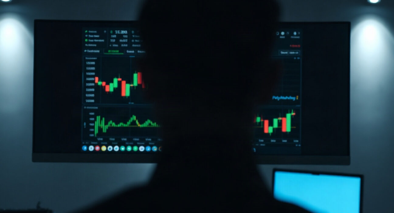 Trading dashboard on a computer screen in a dark office, representing Polymarket insider trading investigation.