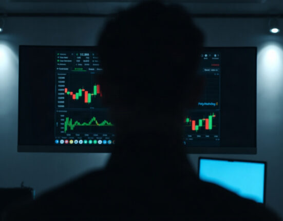 Trading dashboard on a computer screen in a dark office, representing Polymarket insider trading investigation.