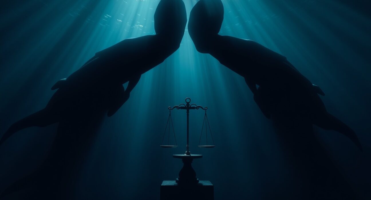 Nine whale silhouettes dominate a small scale in a dark underwater scene, symbolizing centralized control over Polymarket dispute resolution.