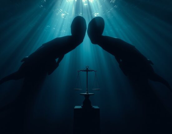 Nine whale silhouettes dominate a small scale in a dark underwater scene, symbolizing centralized control over Polymarket dispute resolution.