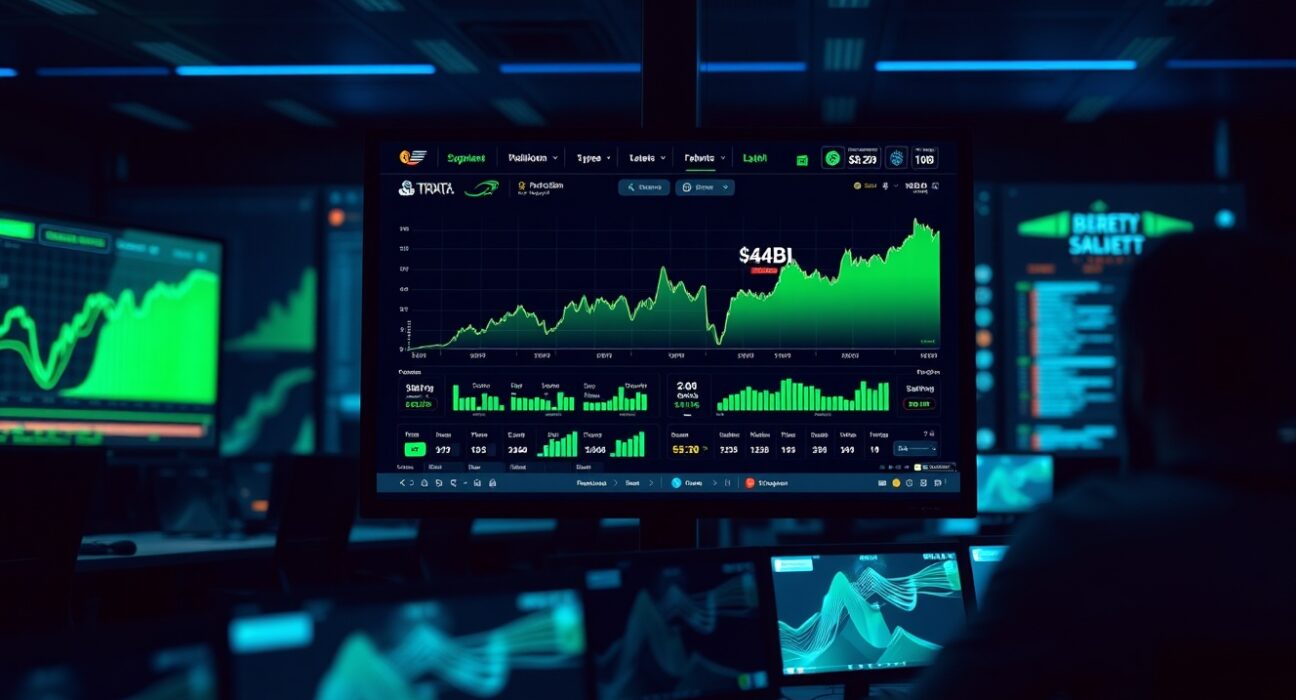 Digital dashboard showing Polymarket World Cup prediction market with $4 billion volume and upward charts