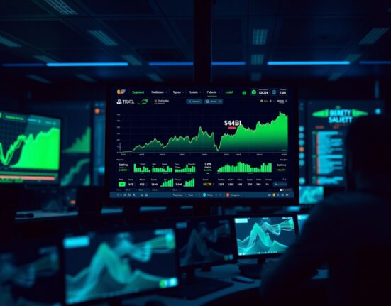 Digital dashboard showing Polymarket World Cup prediction market with $4 billion volume and upward charts