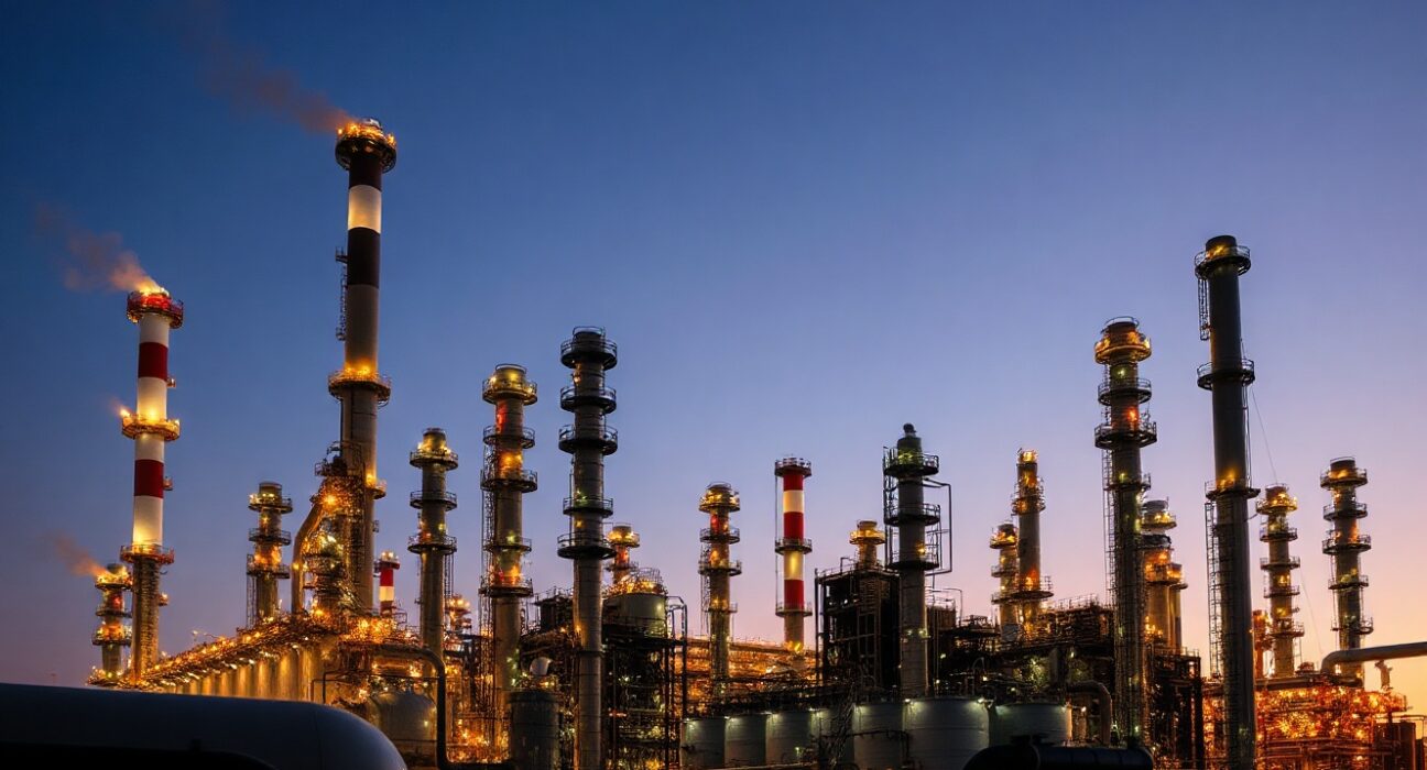 Oil refinery at dusk with illuminated distillation towers and steam rising against a twilight sky