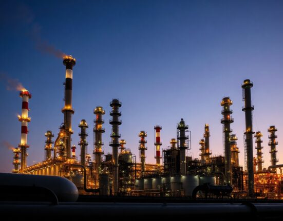 Oil refinery at dusk with illuminated distillation towers and steam rising against a twilight sky