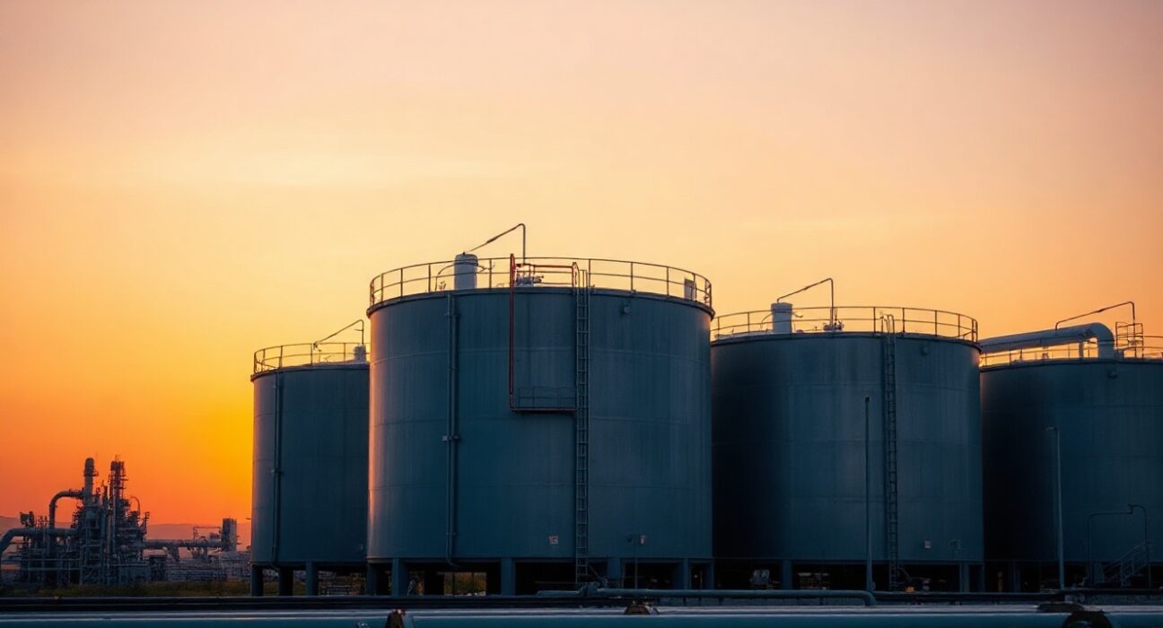 Crude oil storage tanks at an industrial refinery at sunset representing oil market volatility and price forecasts.