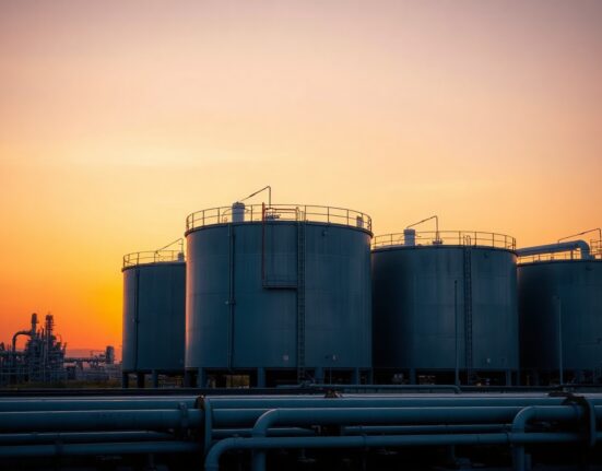 Crude oil storage tanks at an industrial refinery at sunset representing oil market volatility and price forecasts.