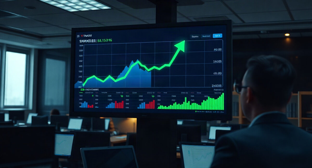 Analyst reviewing rising Polymarket trading charts on a large display in a modern newsroom