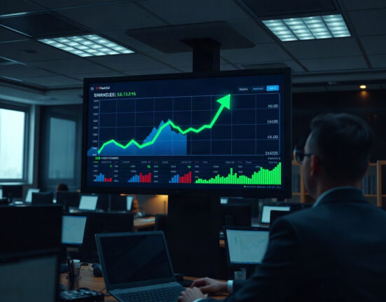 Analyst reviewing rising Polymarket trading charts on a large display in a modern newsroom