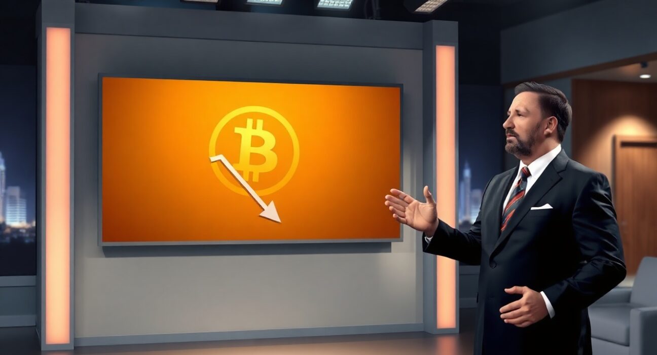 Anthony Pompliano speaking in a TV studio with Bitcoin and dollar graph on screen