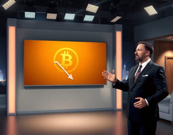 Anthony Pompliano speaking in a TV studio with Bitcoin and dollar graph on screen
