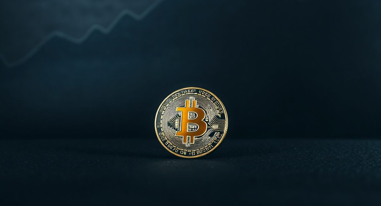 Bitcoin coin on dark surface with faint chart in background representing market bottom