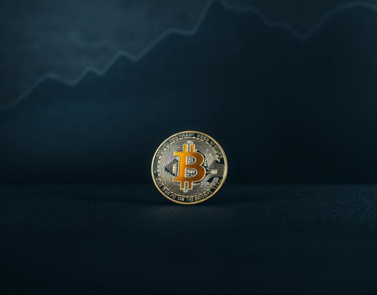 Bitcoin coin on dark surface with faint chart in background representing market bottom