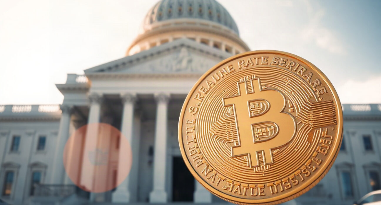 Bitcoin coin in foreground with U.S. Capitol building blurred in background, symbolizing monetary policy impact.