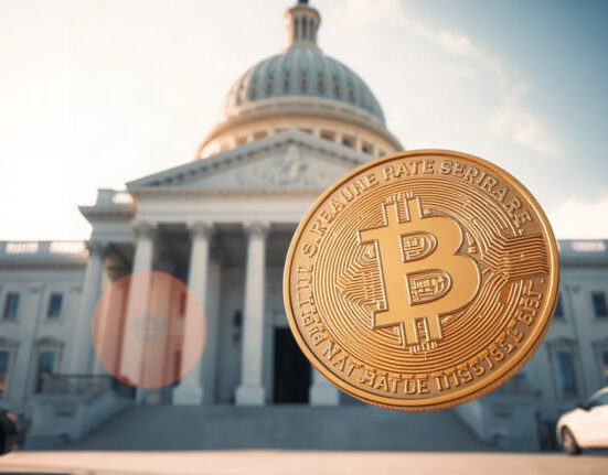 Bitcoin coin in foreground with U.S. Capitol building blurred in background, symbolizing monetary policy impact.