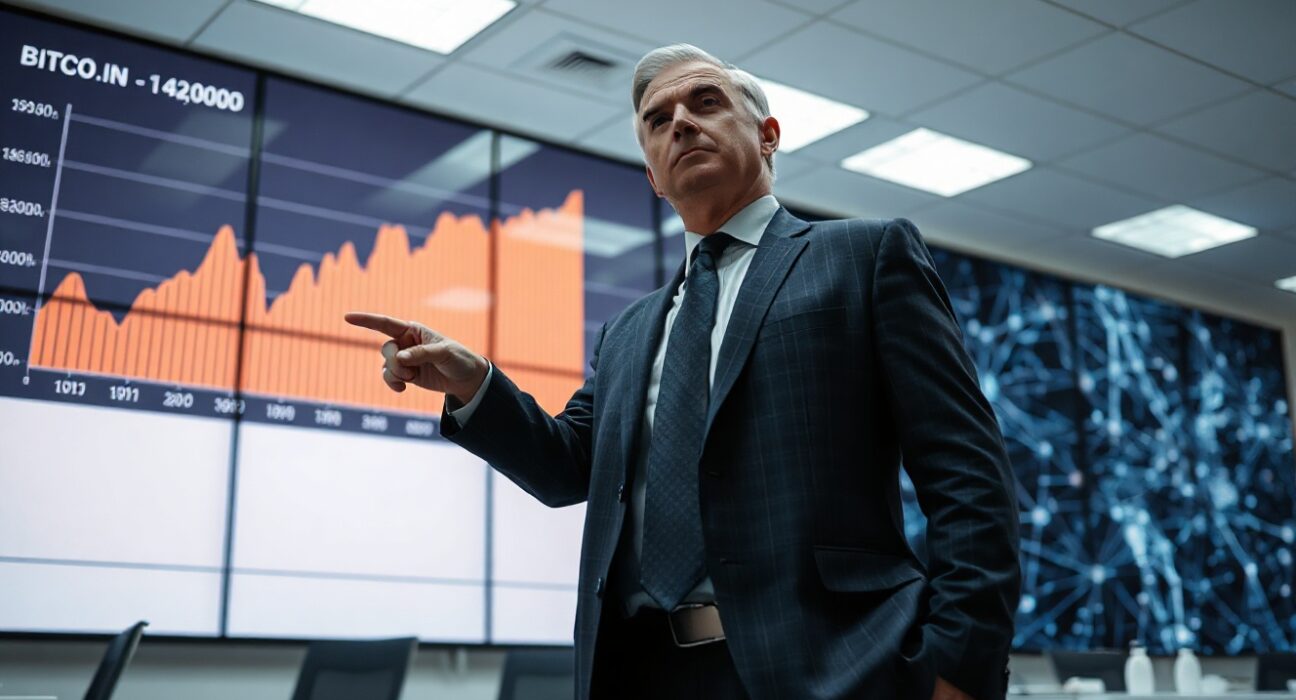 Anthony Pompliano standing in a modern office pointing at a display showing Bitcoin and AI data