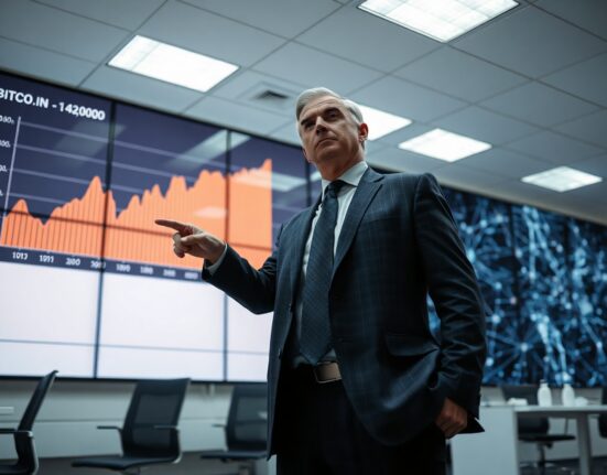 Anthony Pompliano standing in a modern office pointing at a display showing Bitcoin and AI data