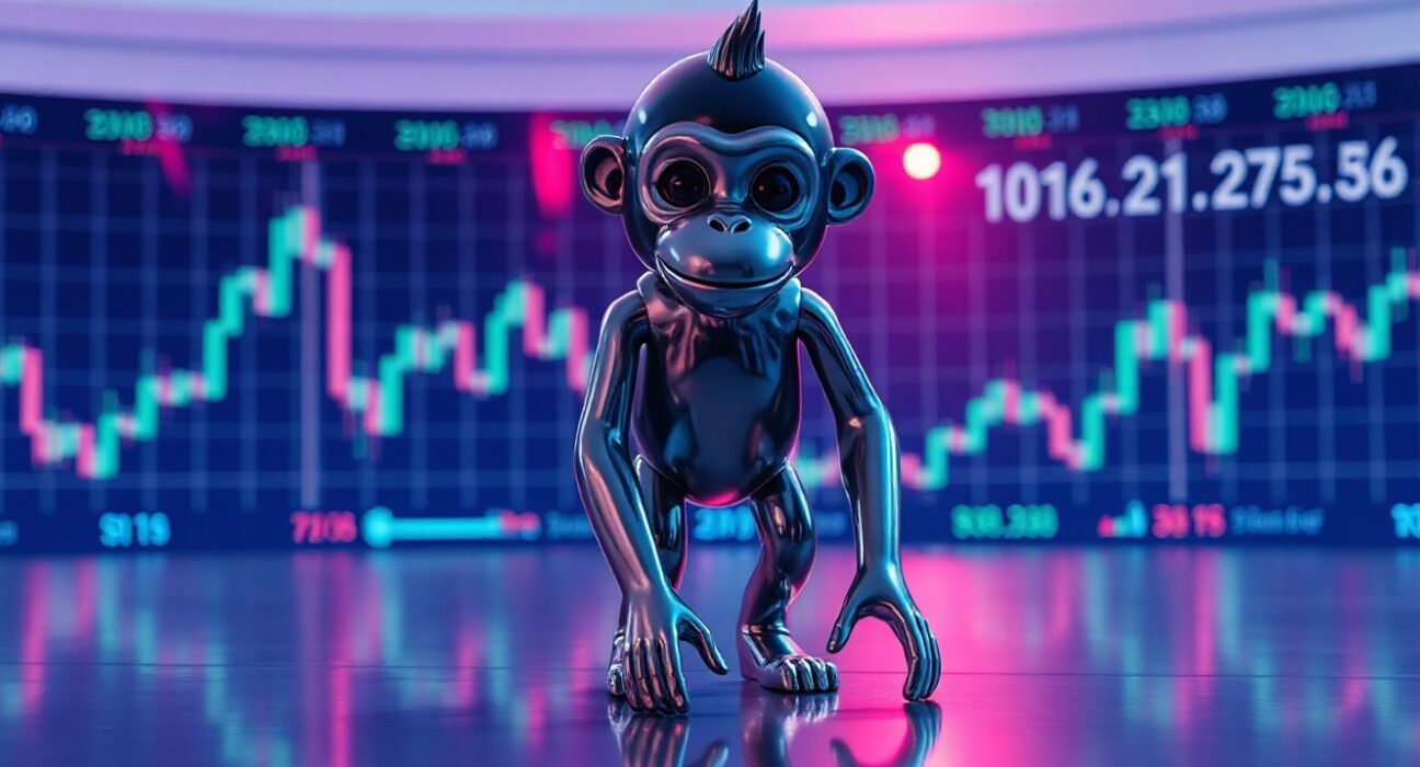 A chrome monkey statue on a futuristic trading floor with digital charts, representing PONKE cryptocurrency analysis.