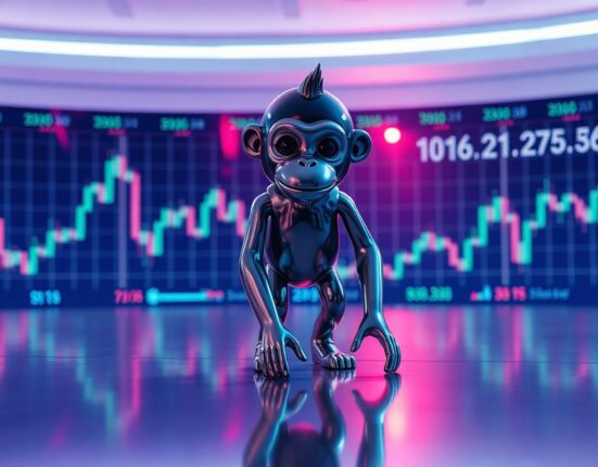 A chrome monkey statue on a futuristic trading floor with digital charts, representing PONKE cryptocurrency analysis.
