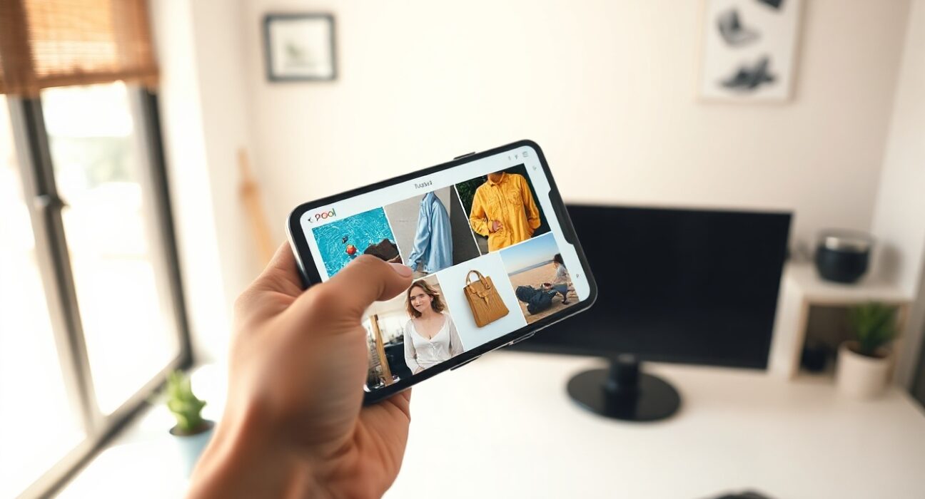 Person holding a smartphone showing the Pool app interface with organized screenshot categories