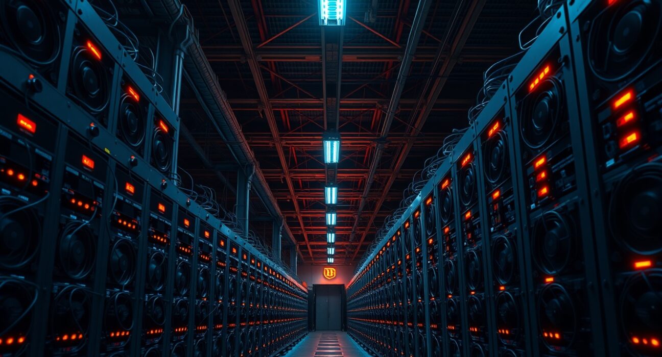 Interior of a large Bitcoin mining facility in Texas with rows of mining rigs and industrial lighting.