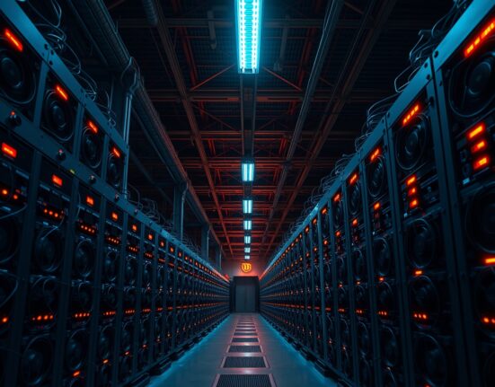 Interior of a large Bitcoin mining facility in Texas with rows of mining rigs and industrial lighting.