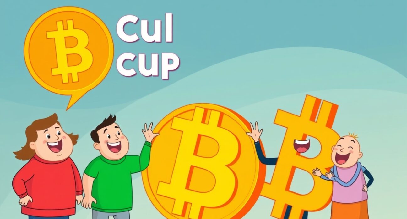 A cartoon illustration depicting Pop Culture Group's significant Pop Culture Group Bitcoin investment, symbolizing corporate crypto adoption.