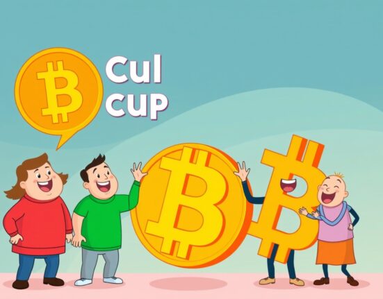 A cartoon illustration depicting Pop Culture Group's significant Pop Culture Group Bitcoin investment, symbolizing corporate crypto adoption.