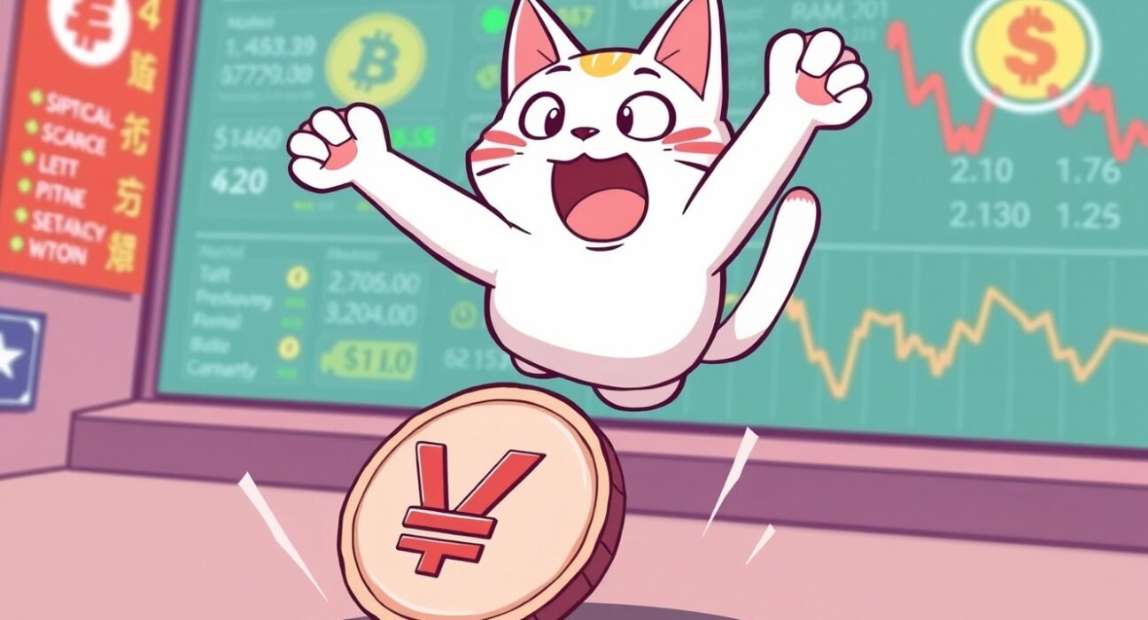 A vibrant cartoon illustration depicting the excitement around the Popcat listing on Bithumb, symbolizing new trading opportunities.